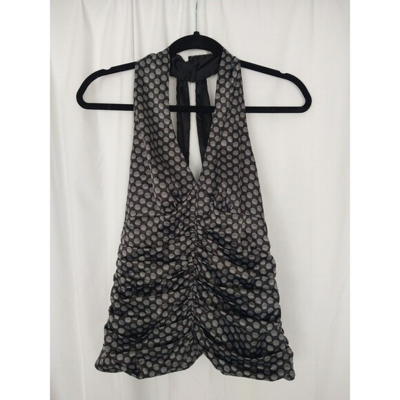 EXPRESS DESIGN STUDIO Black Dot Halter Top Sz 4 ruching shirt blouse tank v neck - Picture 1 of 14